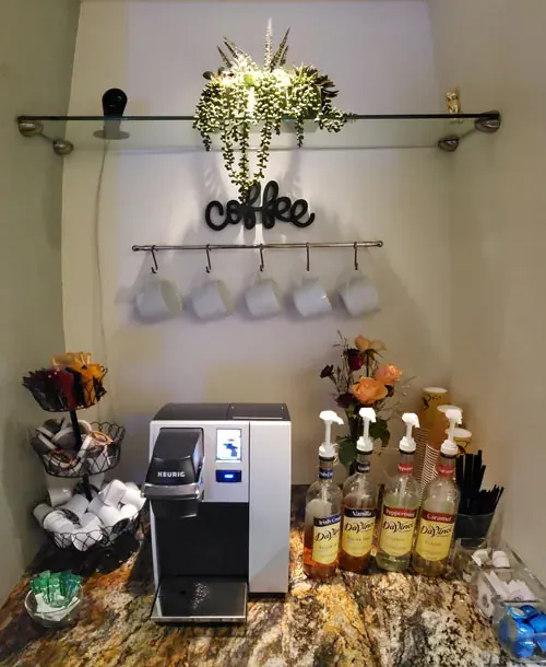 The coffee bar in the Cooley Smiles waiting area.